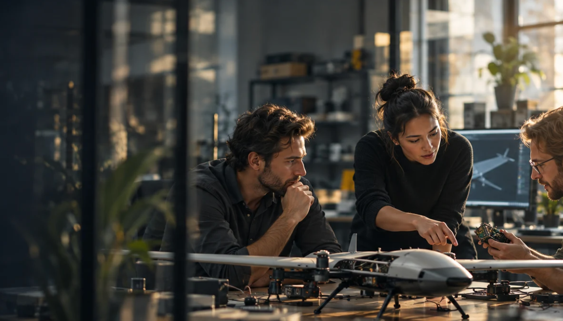 Engineers working on a drone in a lab